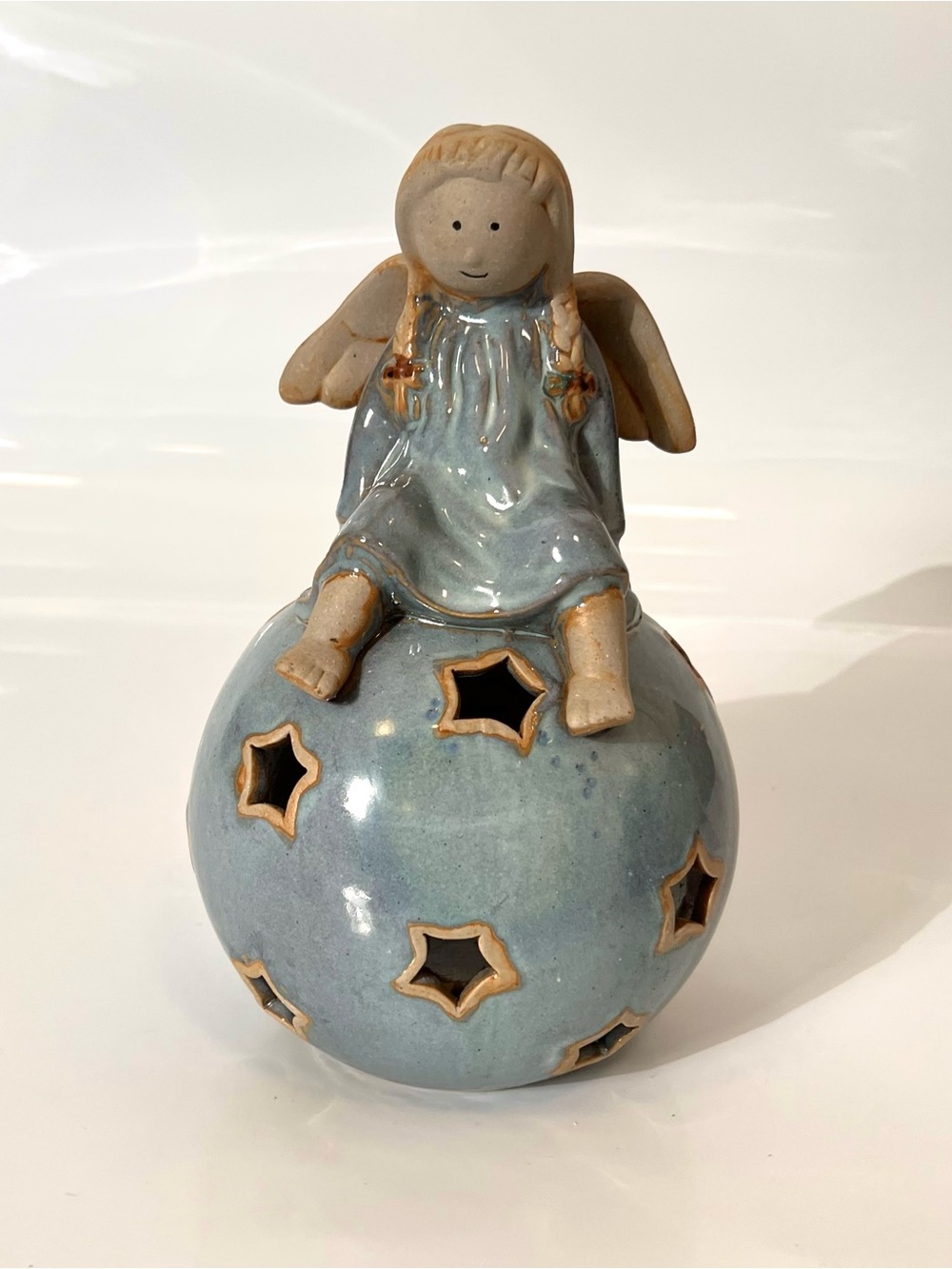 Vintage Ceramic Angel Sitting on a Star Lit Moon Luminary Tea-Light Holder